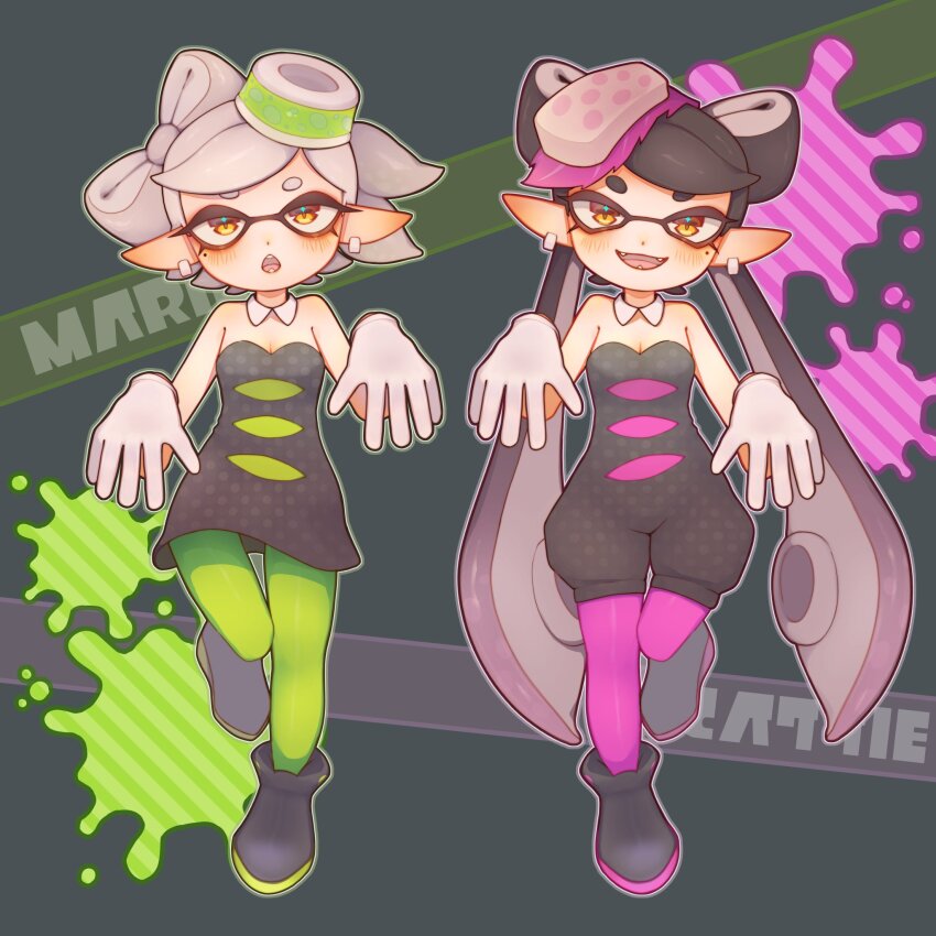 +_+, 2girls, bare_shoulders, black_dress, black_footwear, black_hair, black_jumpsuit, blush