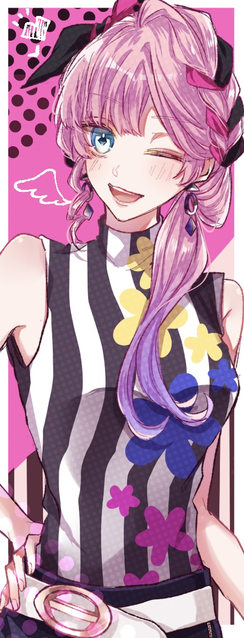 1girl, aiaiharuharu, belt, black_shirt, black_skirt, blue_eyes, border, braid, cupid_parasite, earrings, hair_ribbon, highres, jewelry, long_hair, looking_at_viewer, lynette_mirror, mini_wings, multicolored_shirt, pink_background, pink_hair, ribbon, shirt, skirt, sleeveless, sleeveless_shirt, solo, white_belt, white_border, white_shirt, wings