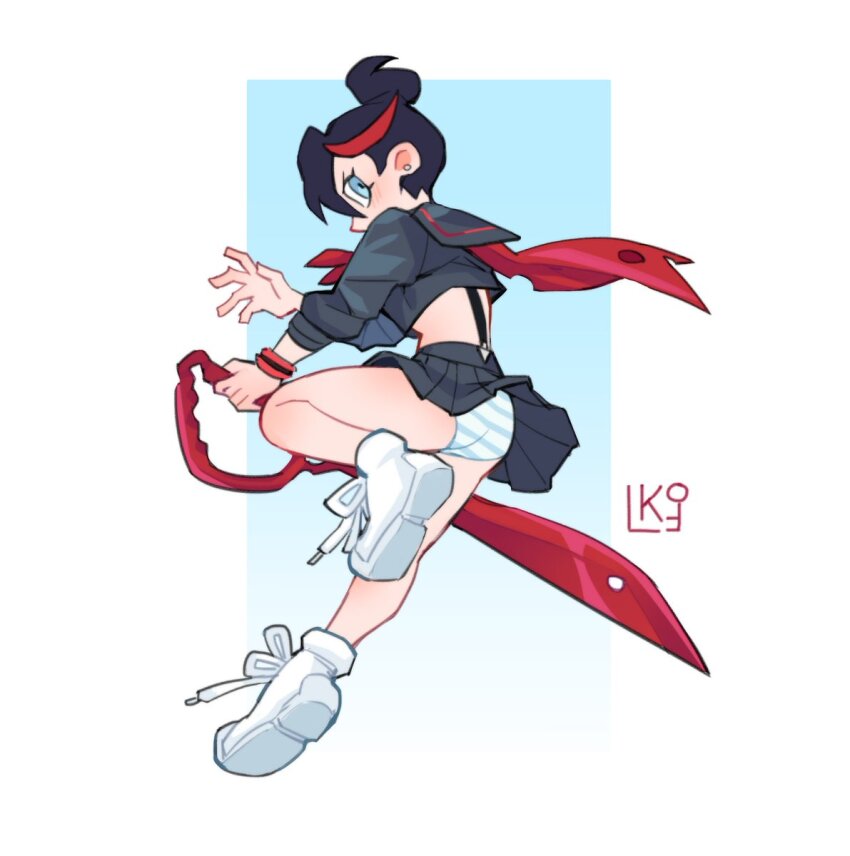 1girl, animification, apex_legends, ass, black_serafuku, black_shirt, black_skirt, blue_eyes, bracelet, cosplay, cropped_shirt, earrings, from_behind, hair_behind_ear, hair_bun, highres, holding, holding_sword, holding_weapon, jewelry, kill_la_kill, lila_(lilakeylk), looking_back, matoi_ryuuko, matoi_ryuuko_(cosplay), open_hand, panties, school_uniform, scissor_blade_(kill_la_kill), senketsu, serafuku, shirt, single_hair_bun, skirt, solo, striped_clothes, striped_panties, sword, underwear, weapon, white_footwear, wraith_(apex_legends)