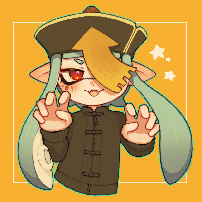 1girl, :3, absurdres, black_hat, black_shirt, blue_hair, blue_outline, blunt_bangs