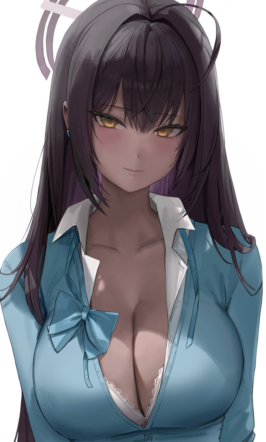 1girl, absurdres, ahoge, black_hair, blue_archive, blue_bow, blue_bowtie, blue_cardigan