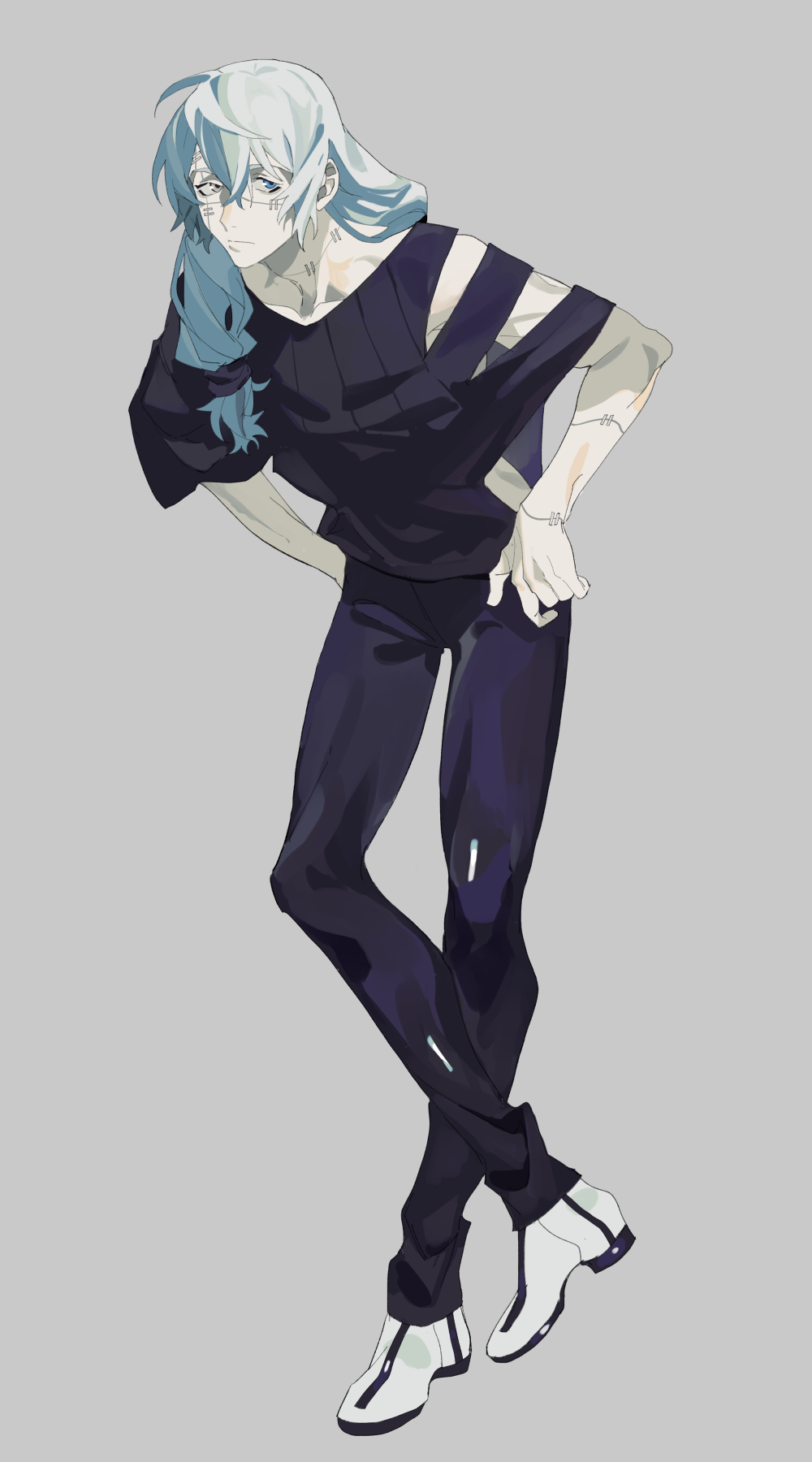 ahoge, black_pants, black_shirt, blue_hair, closed_mouth, collarbone, expressionless, full_body