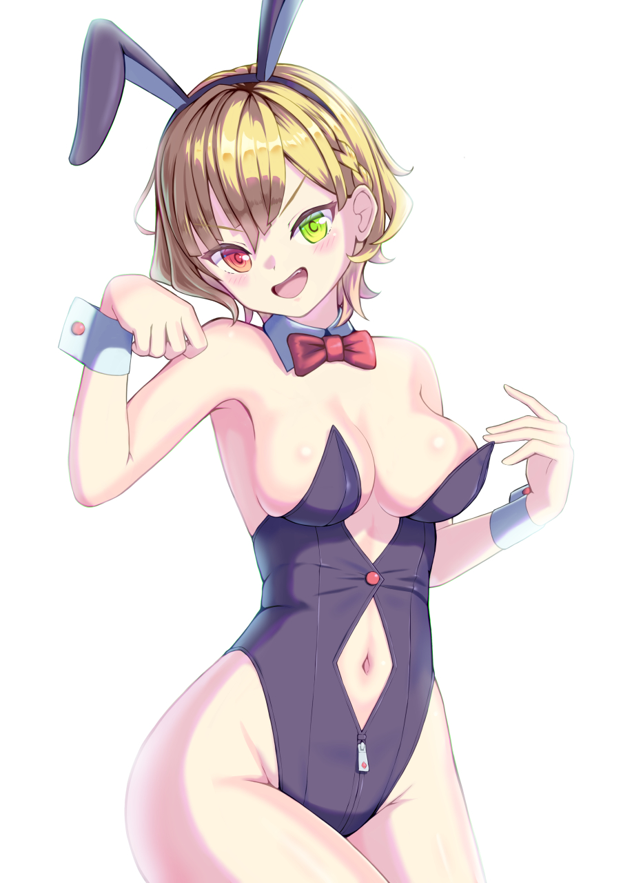 1girl, :d, animal_ears, armpits, bare_shoulders, black_leotard, blonde_hair, blush