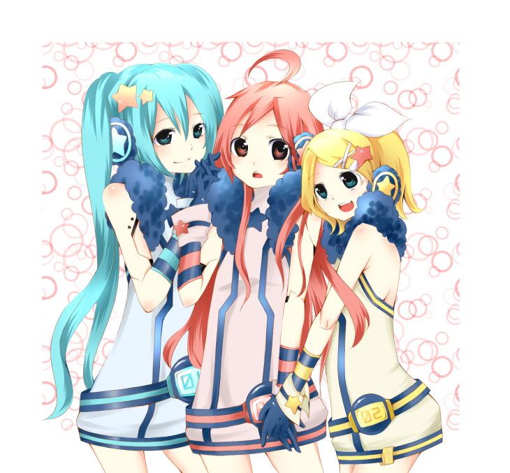 3girls, ahoge, aqua_hair, bad_id, bad_pixiv_id, blonde_hair, cosplay, doll_joints