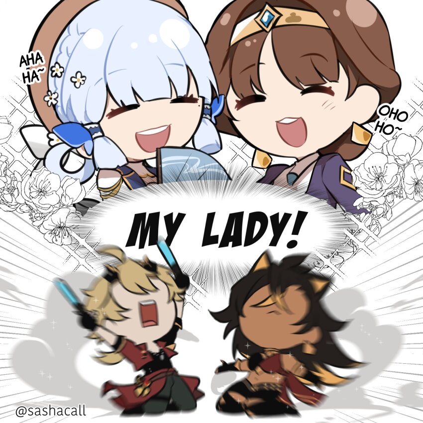 2boys, 2girls, ahoge, arms_up, ayaka_(genshin_impact), blonde_hair, blue_hair, blunt_bangs