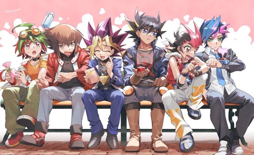 6+boys, :o, ai_(yu-gi-oh!), bench, blush, box, crossover, embarrassed, flustered, fudo_yusei, fujiki_yusaku, full_body, gift, gift_box, heart, lunapont, multiple_boys, muto_yugi, sakaki_yuya, sitting, sweatdrop, tsukumo_yuma, valentine, yu-gi-oh!, yu-gi-oh!_5d's, yu-gi-oh!_arc-v, yu-gi-oh!_duel_monsters, yu-gi-oh!_gx, yu-gi-oh!_vrains, yu-gi-oh!_zexal, yuki_judai