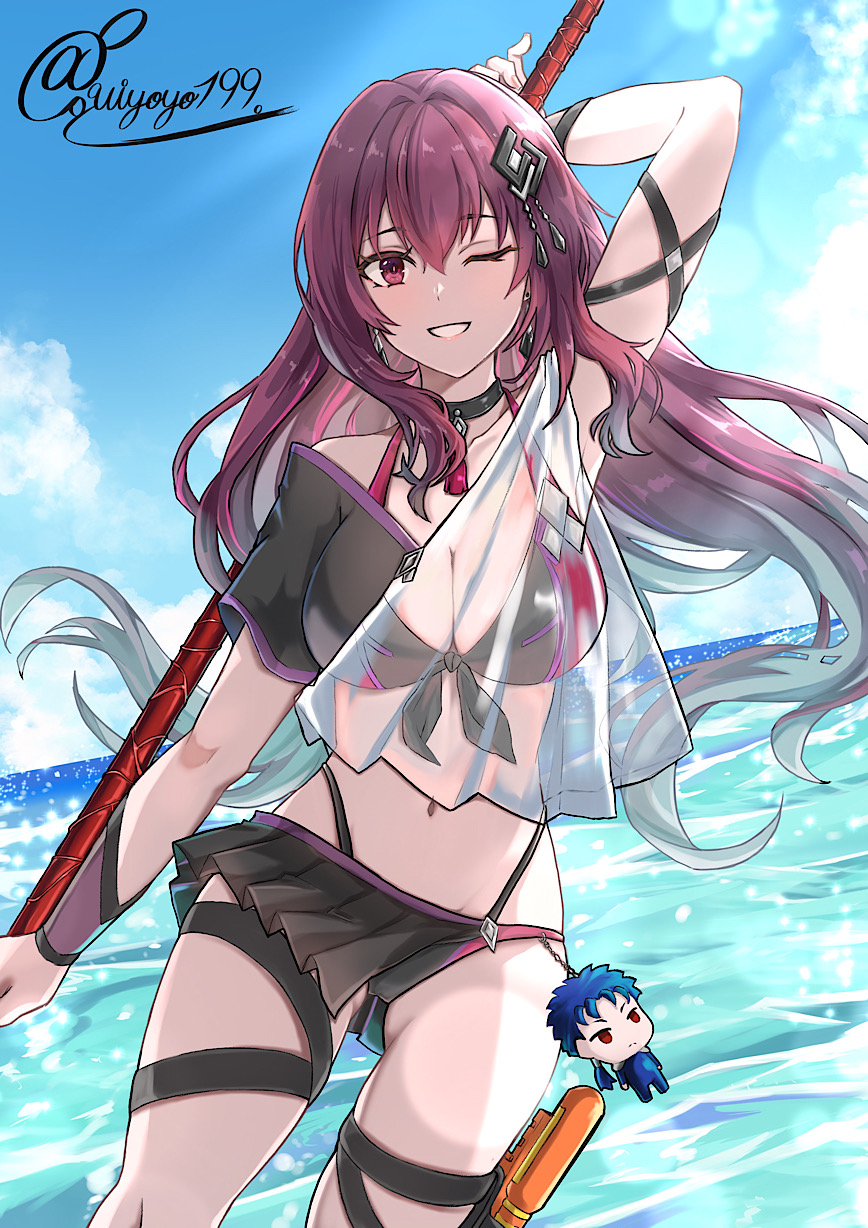 1girl, bare_shoulders, bikini, black_bikini, blue_sky, blush, breasts, character_doll