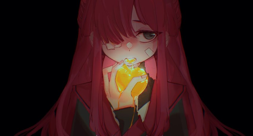 1girl, apple, bandage_on_face, bandages, black_background, black_sweater, commentary, eating