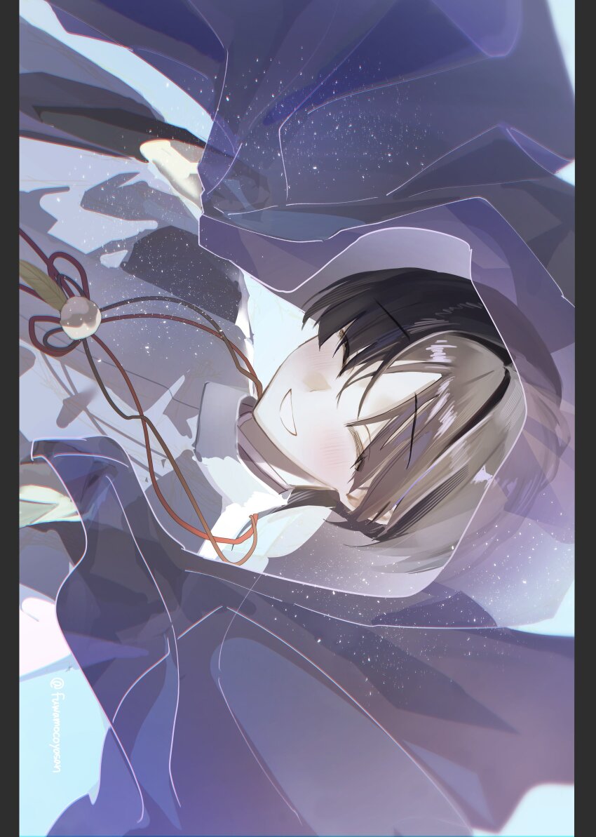 1boy, absurdres, black_border, black_bow, black_gloves, black_hair, blue_sky, blunt_ends