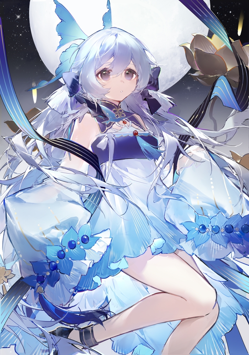 1girl, arknights, auuuie, black_footwear, blue_dress, blue_hair, commentary, dress