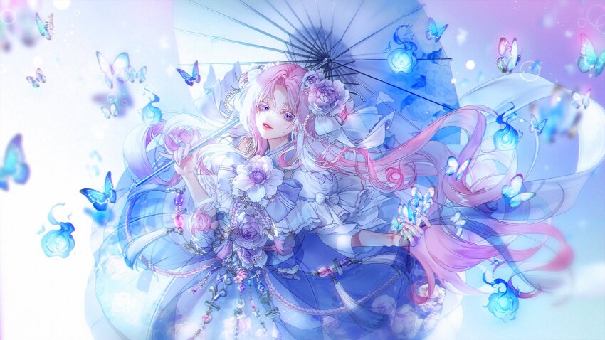 1girl, beads, blue_butterfly, blurry, bug, bumyong, butterfly, depth_of_field