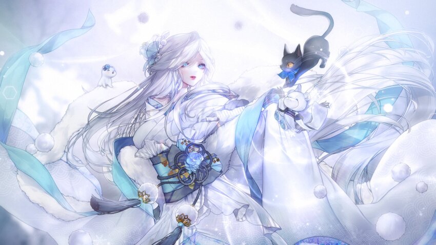 1girl, animal, black_cat, blue_eyes, blue_ribbon, bumyong, cat, doll, glint, hair_ornament, japanese_clothes, kimono, long_hair, looking_at_animal, original, parted_lips, ribbon, sash, solo, stuffed_toy, tassel, white_background, white_hair, white_kimono