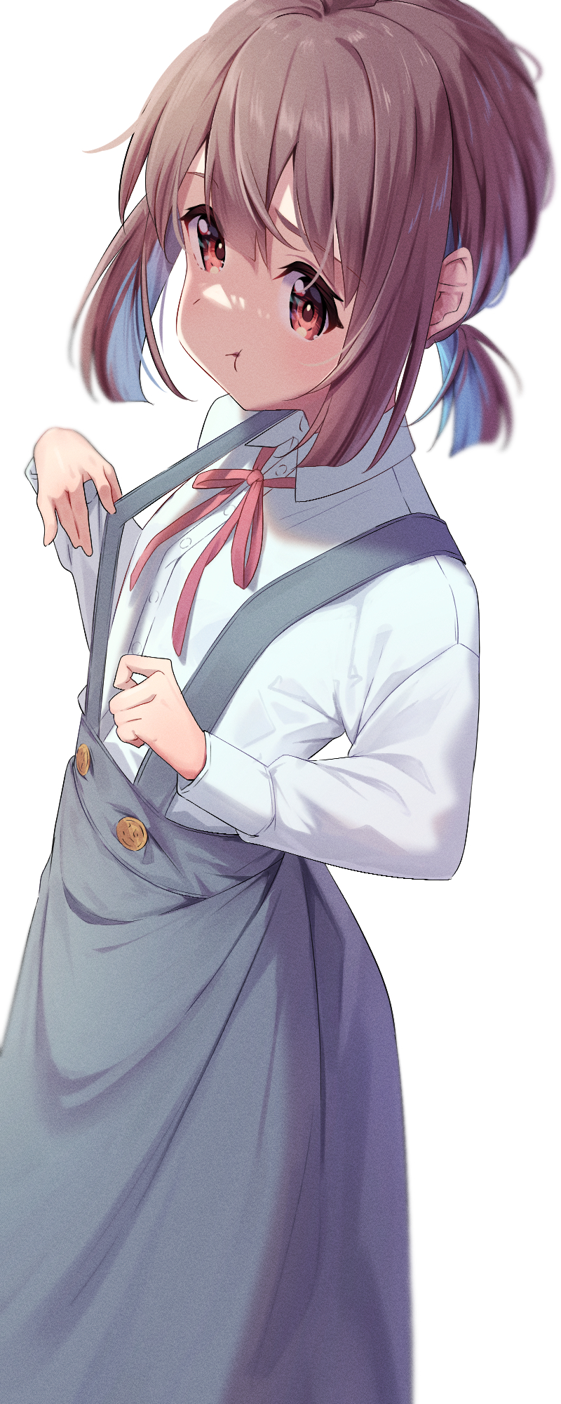 1girl, :t, black_skirt, blue_hair, breast_conscious, brown_hair, commentary_request, dress_shirt