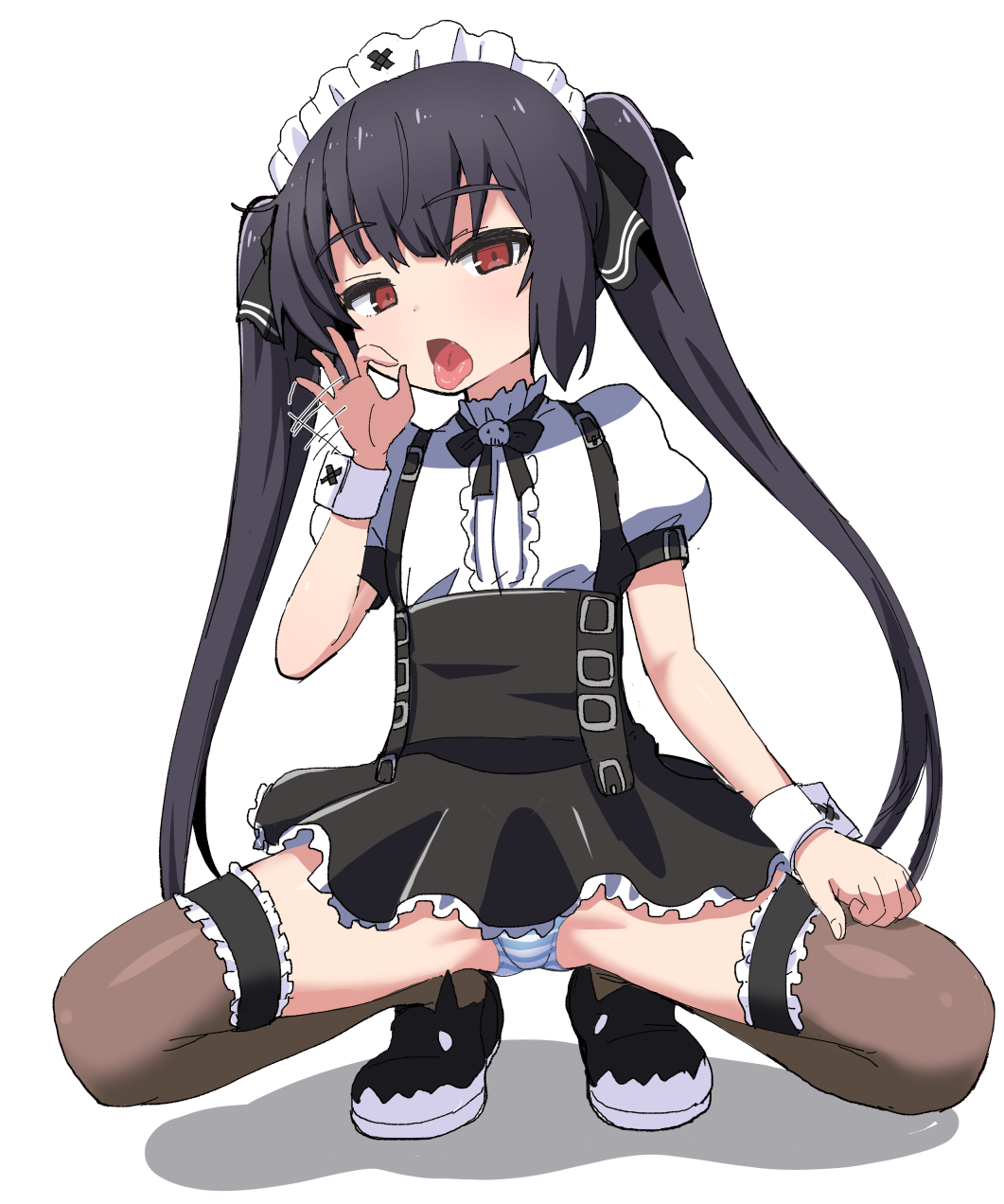 1girl, black_hair, black_skirt, black_thighhighs, blue_panties, brown_eyes, fellatio_gesture, female_focus, full_body, hand_to_own_mouth, highres, kooh_(pangya), loli, long_hair, looking_at_viewer, maid_headdress, motion_lines, okayu_(okayushop), open_mouth, pangya, panties, panty_peek, pantyshot, ribbon, shirt, short_sleeves, simple_background, skirt, solo, spread_legs, squatting, striped_clothes, striped_panties, thighhighs, thighs, tongue, tongue_out, twintails, underwear, white_background, white_shirt, wrist_cuffs