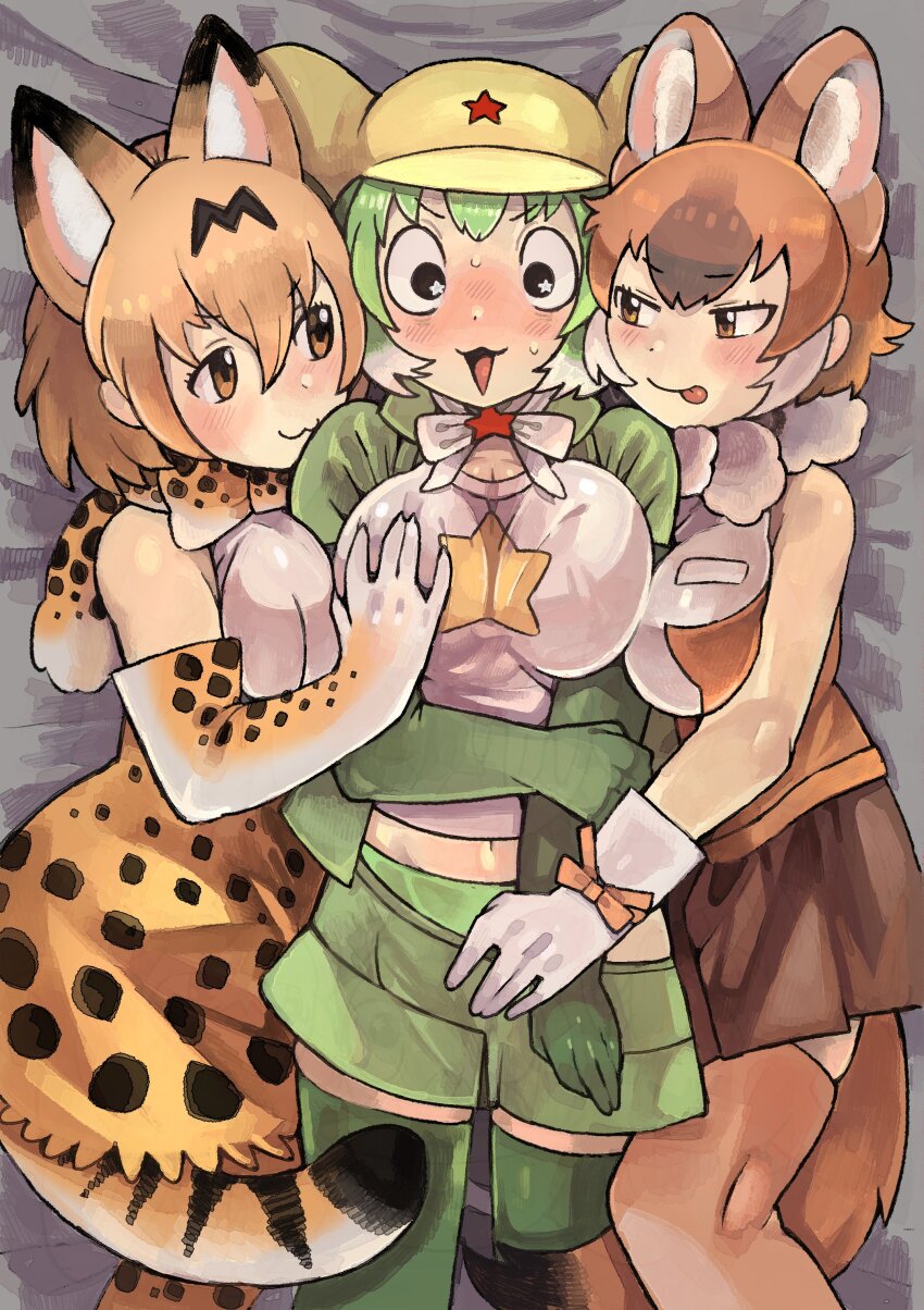 3girls, :3, :p, absurdres, animal_ears, animal_print, arm_between_breasts, assertive_female