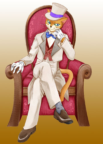 00s, 1boy, animal_ears, cat, cat_ears, chair, crossed_legs, formal_clothes, full_body, furry, furry_male, gloves, gradient_background, hat, head_rest, lowres, male_focus, neko_no_ongaeshi, sitting, solo, studio_ghibli, suit, the_baron_(mimi_wo_sumaseba), white_gloves, yoiyoi