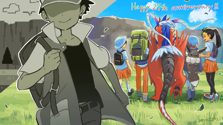 2girls, 3boys, anniversary, arven_(pokemon), backpack, bag, belt, black_hair, black_pantyhose, blue_hair, boots, brown_bag, closed_mouth, cloud, commentary_request, day, falling_leaves, florian_(pokemon), grass, hat, highres, holding_strap, jacket, koraidon, leaf, multiple_boys, multiple_girls, nemona_(pokemon), nintendo, open_clothes, open_jacket, orange_pants, orange_shorts, ototoi_(eevees813), outdoors, pants, pantyhose, pantyhose_under_shorts, partially_colored, penny_(pokemon), pokemon, pokemon_(creature), pokemon_red/green/blue/yellow, pokemon_scarlet_and_violet, ponytail, red_(pokemon), shirt, shoes, short_hair, shorts, sky, smile, socks, standing, white_socks, yellow_bag