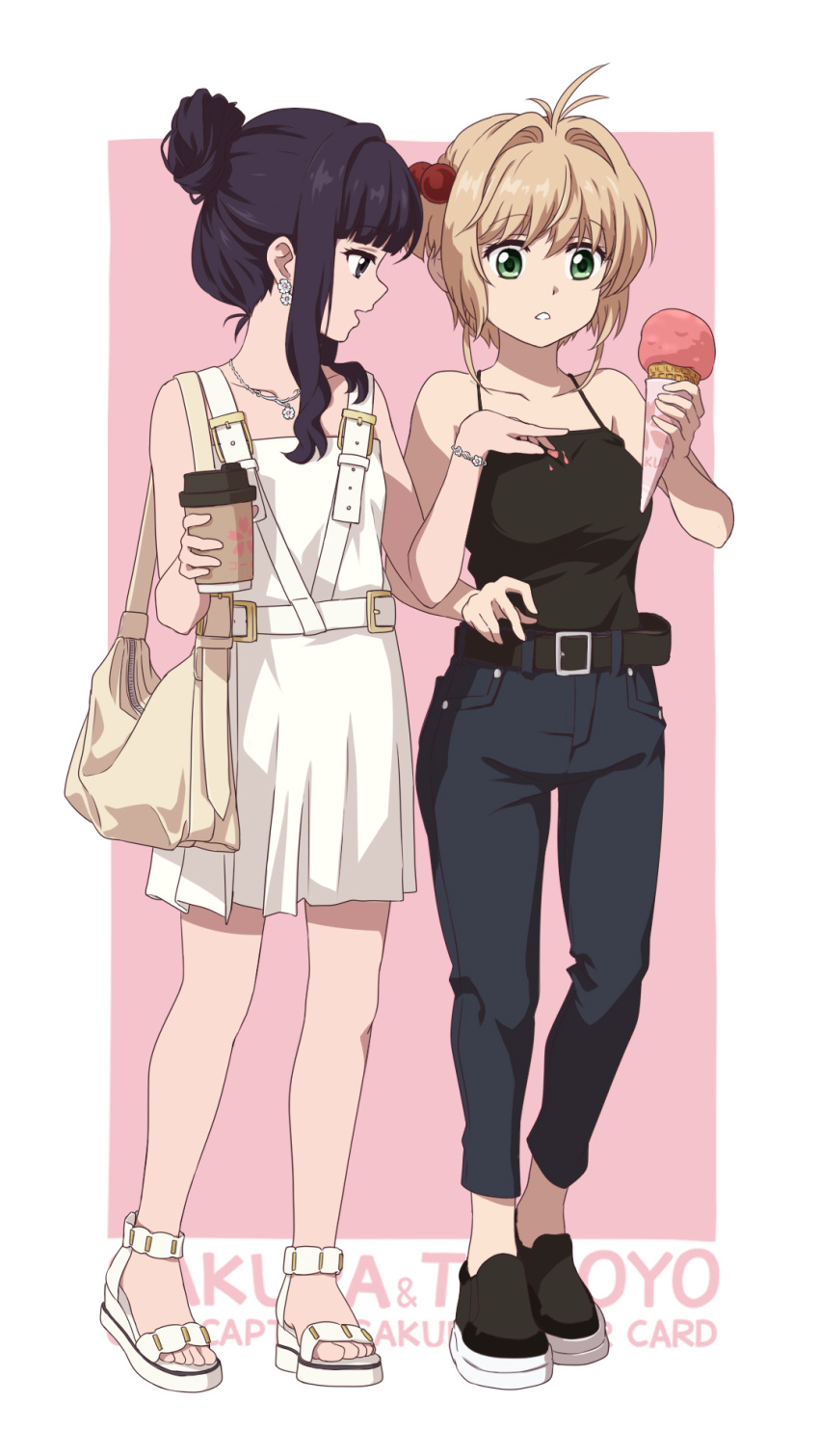 2girls, bag, belt, black_footwear, black_hair, blonde_hair, border, brown_bag, cardcaptor_sakura, character_name, clamp_(circle)_(style), commentary, copyright_name, daidouji_tomoyo, denim, drink, feet, food, hair_bobbles, hair_ornament, hair_up, handbag, highres, holding, holding_drink, ice_cream, jeans, jewelry, kinomoto_sakura, laofuzi_dai_bansho, legs, multiple_girls, necklace, no_socks, pants, pink_background, sandals, short_hair, skirt, stained_clothes, toes, wedge_heels, white_border, white_skirt