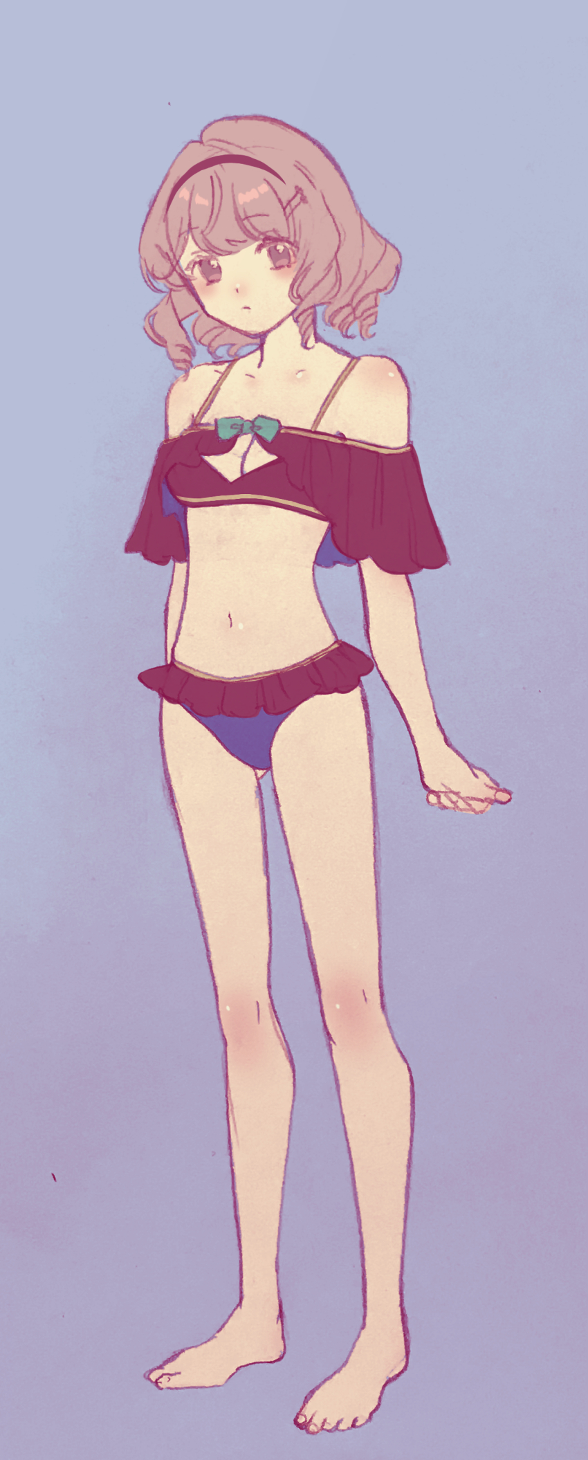 1girl, absurdres, bikini, black_headband, blush, brown_hair, cleavage_cutout, closed_mouth