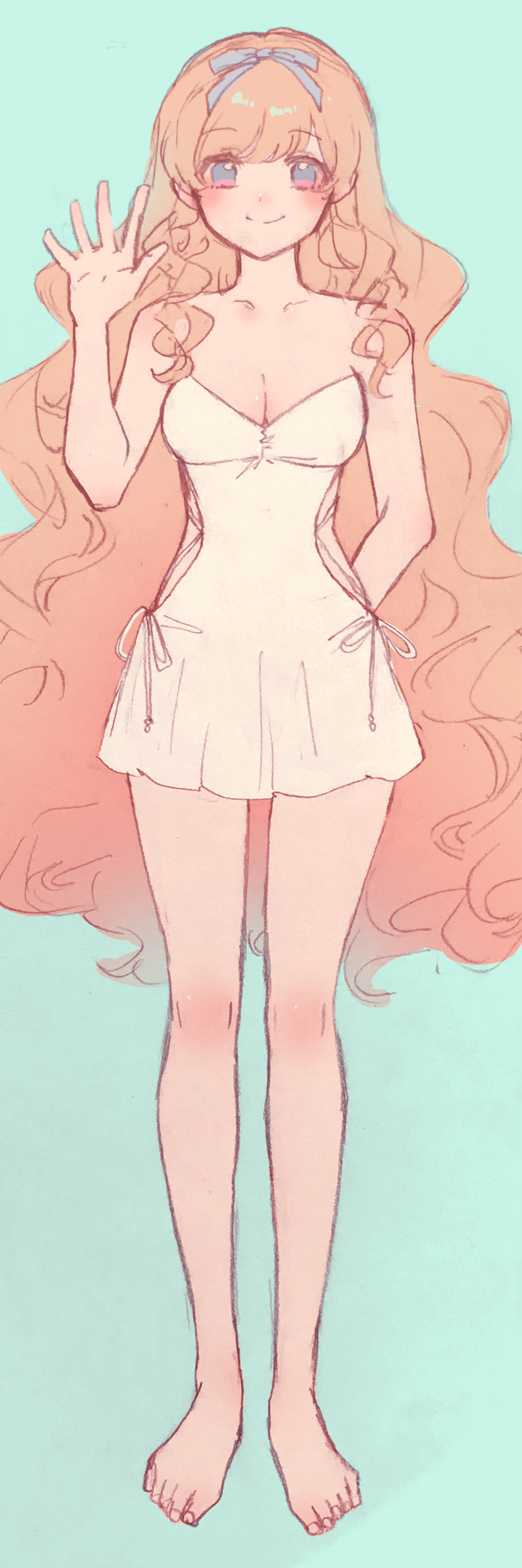 1girl, absurdres, arisu_yurika, arm_behind_back, blonde_hair, blue_eyes, blue_headband, blue_ribbon, blush, breasts, cleavage, closed_mouth, dress, full_body, headband, highres, long_hair, looking_at_viewer, medium_breasts, multicolored_eyes, orenjisiro, pink_eyes, ribbon, sketch, smile, solo, taishou_x_alice, waving, wavy_hair, white_dress