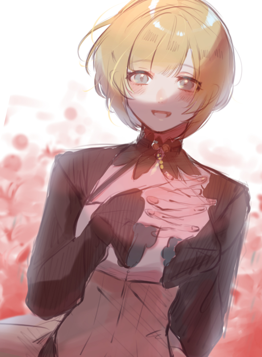 1girl, blonde_hair, blue_eyes, blush, ceres_(shuuen_no_virche), dress, hand_on_own_chest, highres