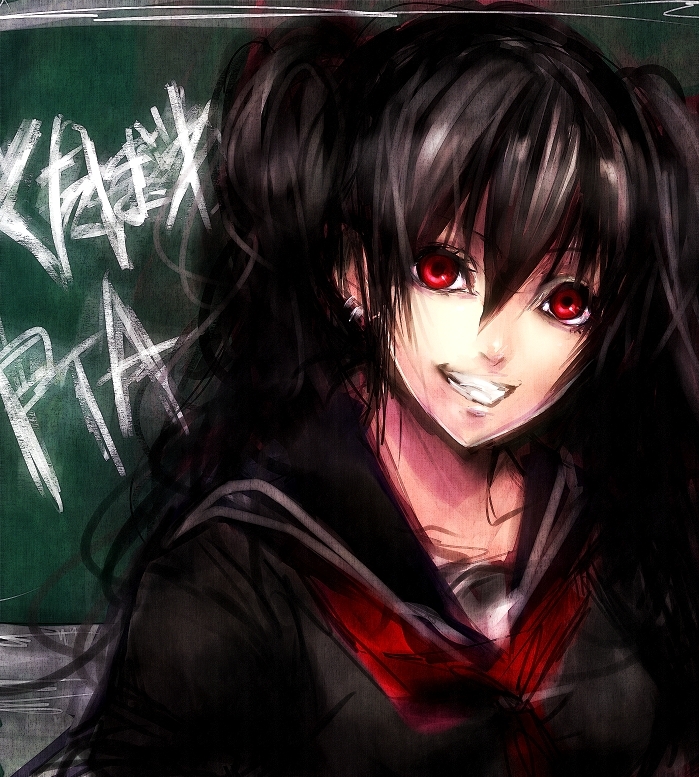 1girl, alternate_color, alternate_hair_color, black_hair, earrings, female_focus, grin, hatsune_miku, jewelry, kutabare_pta_(vocaloid), long_hair, messy_hair, red_eyes, sasaki_ryou, school_uniform, serafuku, smile, solo, twintails, vocaloid