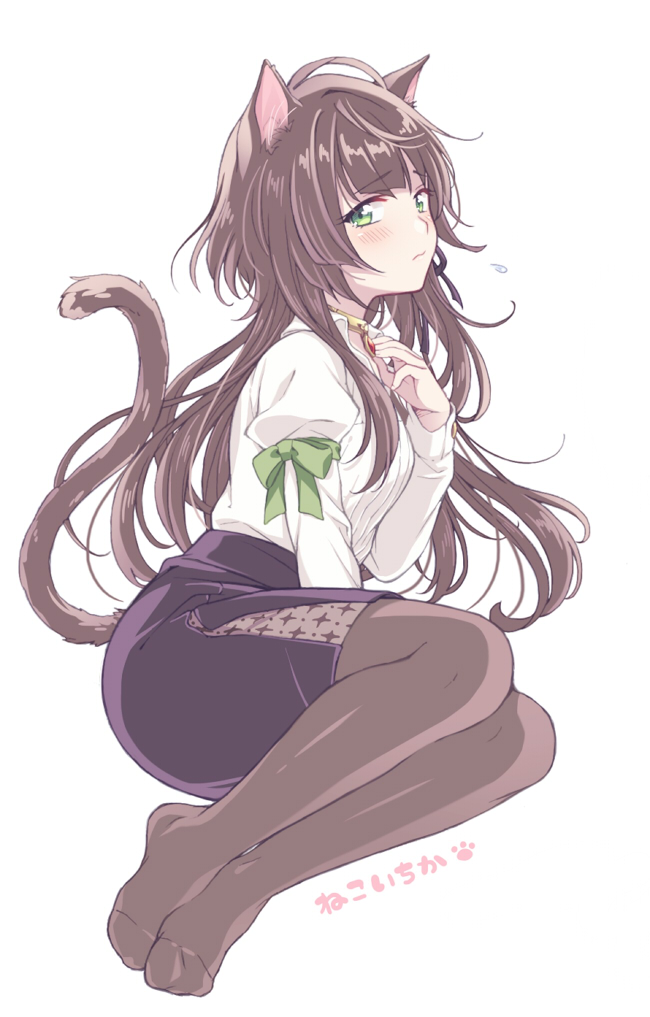 1girl, animal_ears, armband, black_skirt, blush, brown_hair, cat_ears, cat_tail