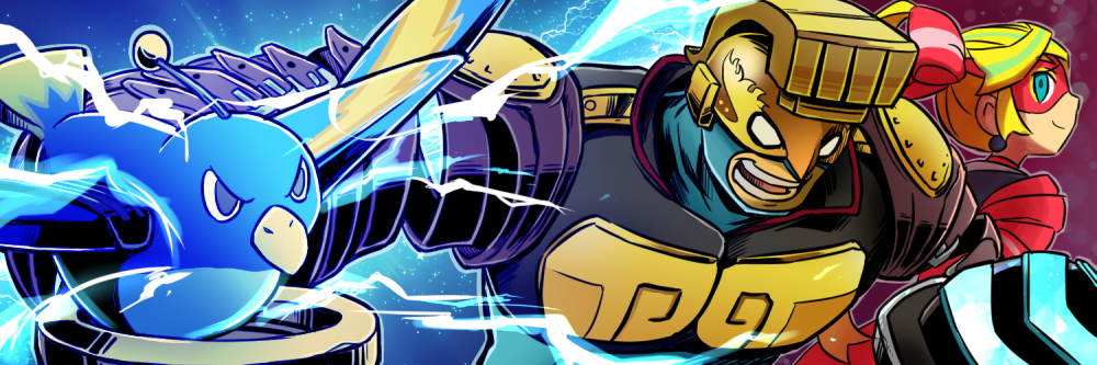 1boy, 1girl, arms_(game), blonde_hair, blue_background, blue_eyes, domino_mask, energy, eye_mask, helmet, hitohito, looking_at_viewer, mask, max_brass, nintendo, open_mouth, ribbon_girl_(arms), smile, thunderbird_(arms), upper_body
