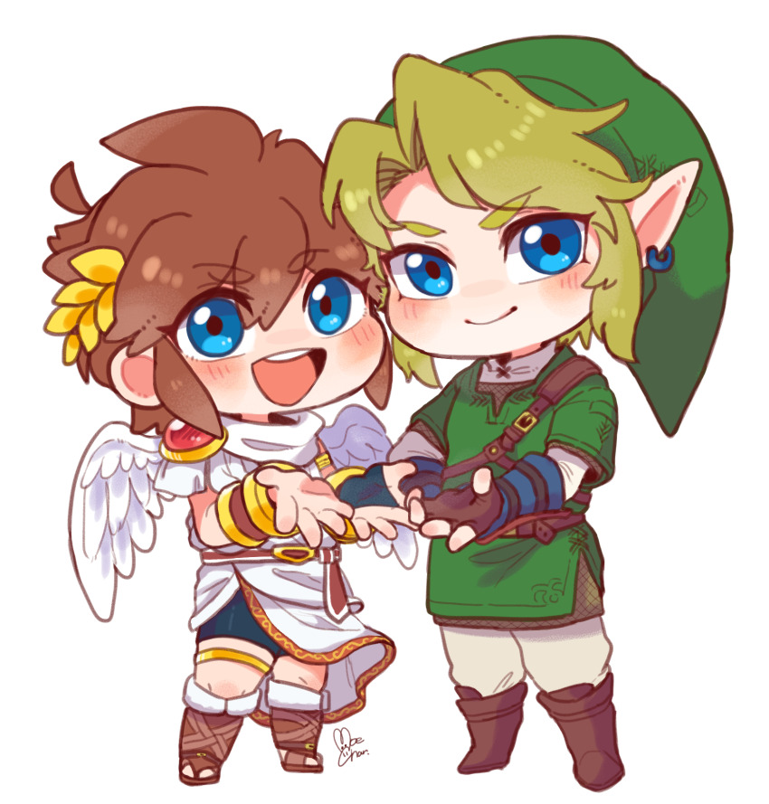 2boys, angel_wings, blonde_hair, blue_eyes, blush, brown_hair, chibi, earrings, full_body, green_tunic, highres, jewelry, kid_icarus, laurel_crown, link, looking_at_viewer, moechar0426, multiple_boys, nintendo, pit_(kid_icarus), simple_background, standing, the_legend_of_zelda, tunic, white_background, white_wings, wings