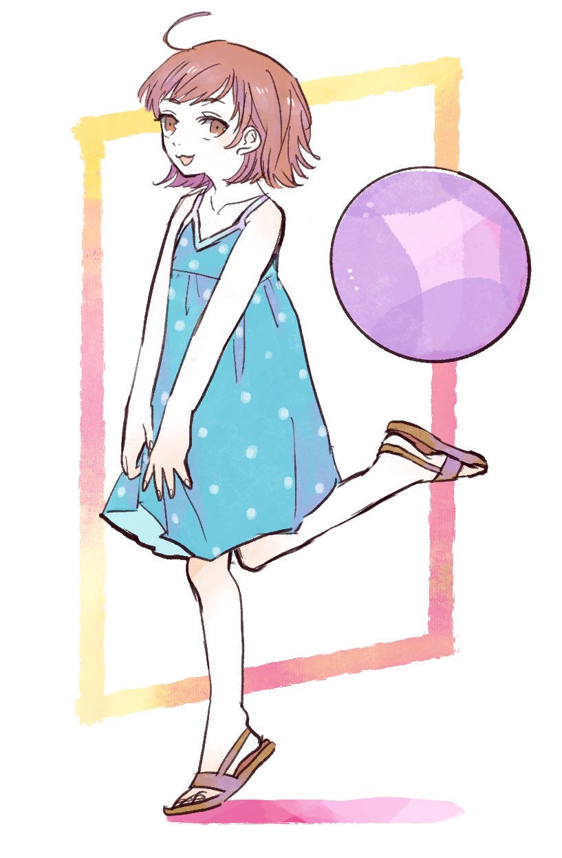 1girl, :3, ahoge, ball, bare_legs, border, brown_eyes, brown_hair, commentary_request, dress, from_side, full_body, gradient_border, highres, knee_up, last_order_(toaru_majutsu_no_index), petalo55, polka_dot, polka_dot_dress, sandals, short_hair, sleeveless, sleeveless_dress, solo, sundress, toaru_majutsu_no_index, white_background