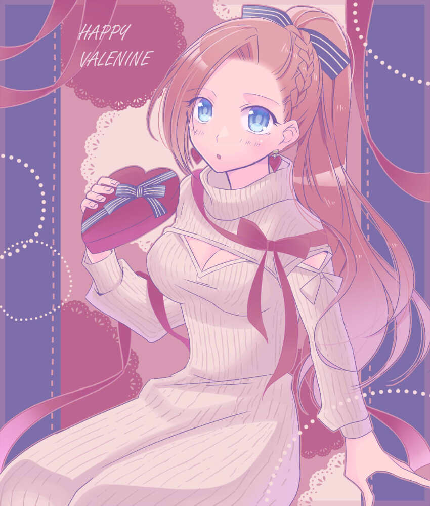 1girl, :o, alternate_hairstyle, asymmetrical_bangs, black_ribbon, blue_eyes, box, braid, breasts, brown_hair, cleavage_cutout, clothing_cutout, commentary, contemporary, doily, dress, earrings, english_text, gift, grey_dress, hair_ribbon, happy_valentine, heart, heart-shaped_box, heart_earrings, highres, holding, holding_gift, jewelry, katarina_claes, light_blush, long_dress, long_hair, long_sleeves, looking_at_viewer, medium_breasts, otome_game_no_hametsu_flag_shika_nai_akuyaku_reijou_ni_tensei_shite_shimatta, parted_lips, ponytail, red_ribbon, ribbed_dress, ribbon, shoulder_cutout, sitting, solo, turtleneck, turtleneck_dress, valentine, zhu_(c-liberty)