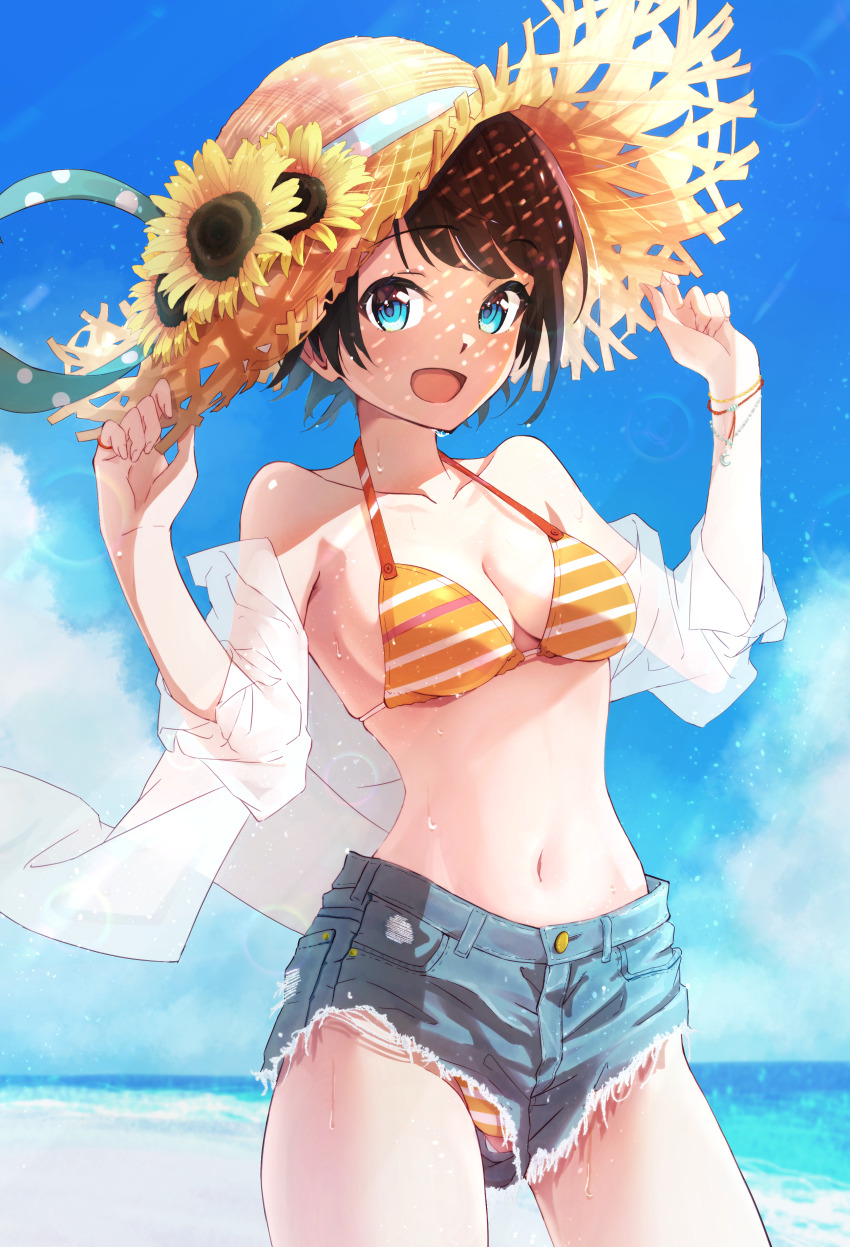 1girl, 5to_rai, :d, absurdres, adjusting_clothes, adjusting_headwear, bikini, bikini_under_clothes