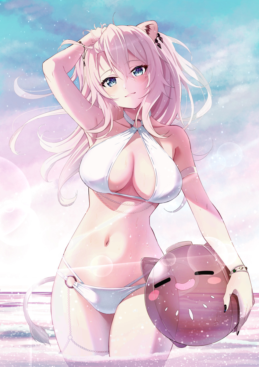 1girl, 5to_rai, absurdres, ahoge, animal_ears, arm_strap, armpits, bikini