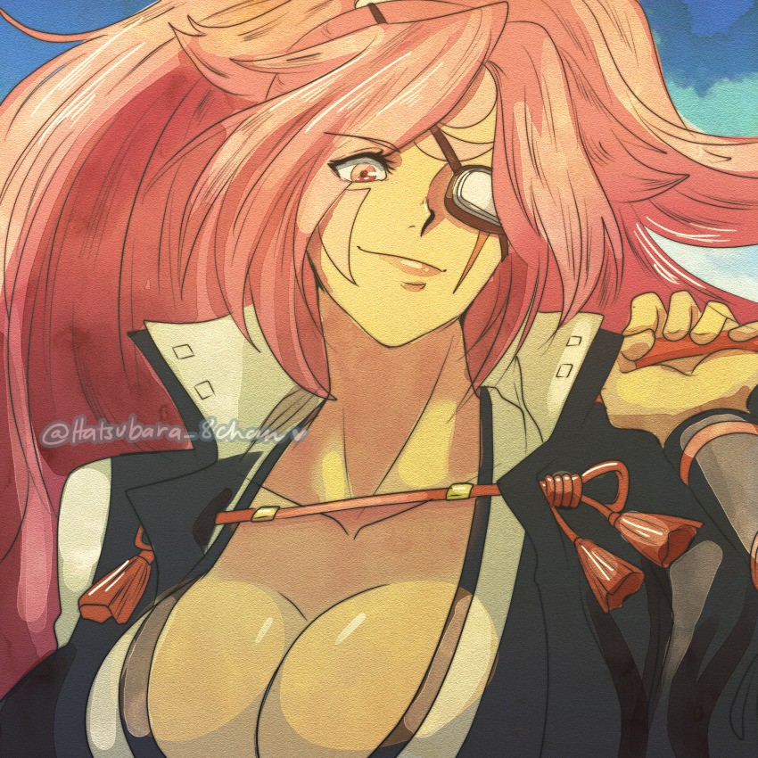 1girl, baiken, breasts, cleavage, collarbone, eyepatch, guilty_gear, hatsubara_8chan, highres, large_breasts, long_hair, looking_at_viewer, pink_hair, smirk