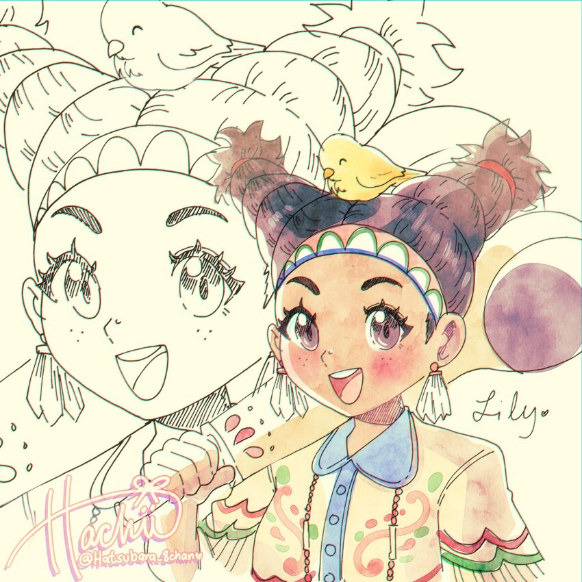 1girl, :d, animal, animal_on_head, baby_animal, bead_necklace, beads, bird