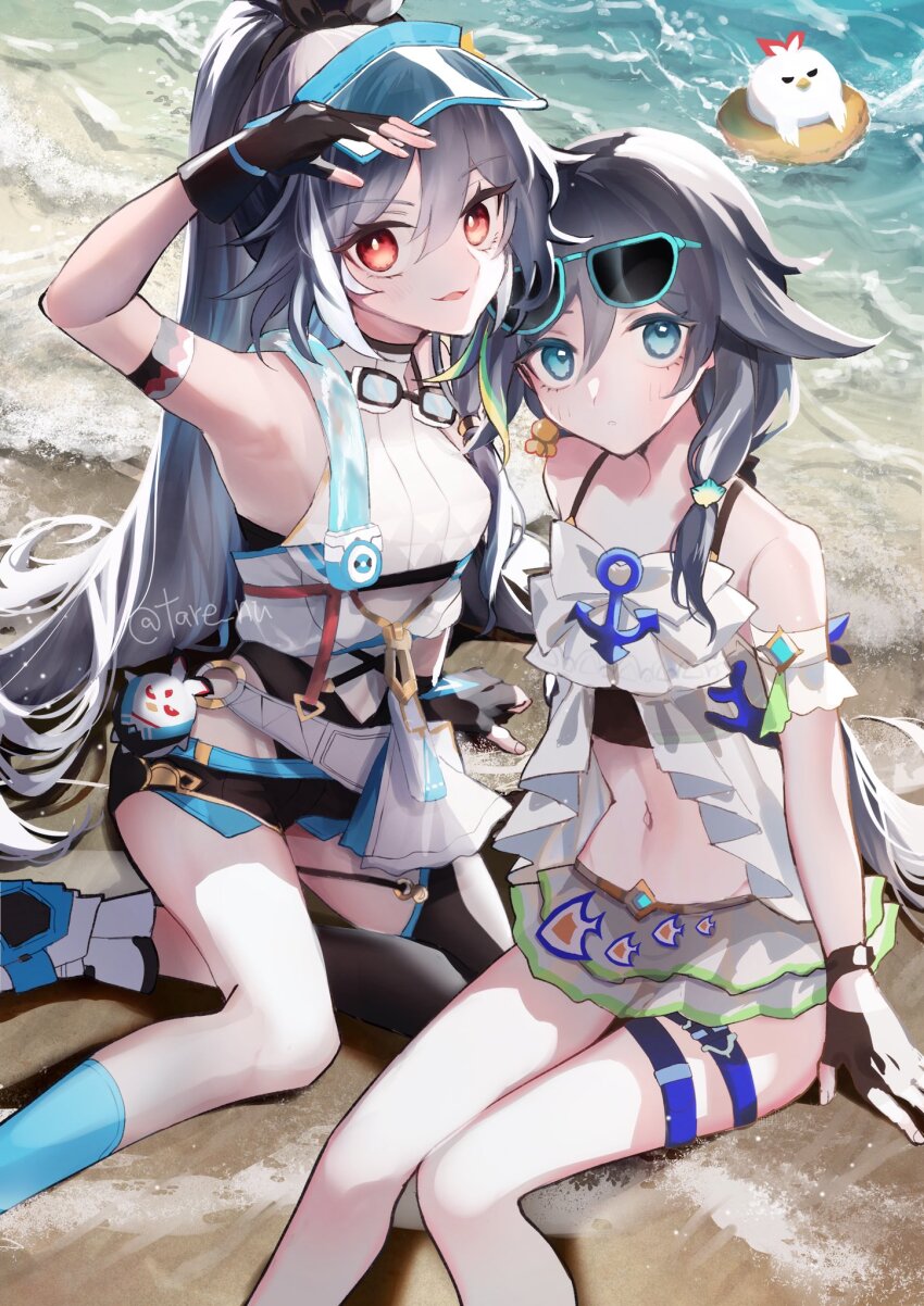 2girls, arm_up, bare_shoulders, beach, bikini, black_bikini, black_gloves, black_thighhighs, blue-framed_eyewear, blue_eyes, blue_socks, blush, closed_mouth, commentary_request, day, eyewear_on_head, feet_out_of_frame, fingerless_gloves, fu_hua, fu_hua_(seagull's_soar), fu_hua_(shadow_knight), gloves, grey_hair, hair_between_eyes, herrscher_of_sentience, herrscher_of_sentience_(ooh!_summer!), highres, honkai_(series), honkai_impact_3rd, long_hair, looking_at_viewer, multiple_girls, outdoors, parted_lips, ponytail, red_eyes, sand, see-through_clothes, single_sock, single_thighhigh, smile, socks, sunglasses, swimsuit, tare_(tonikaku_magaru), thighhighs, twitter_username, very_long_hair, visor_cap, water