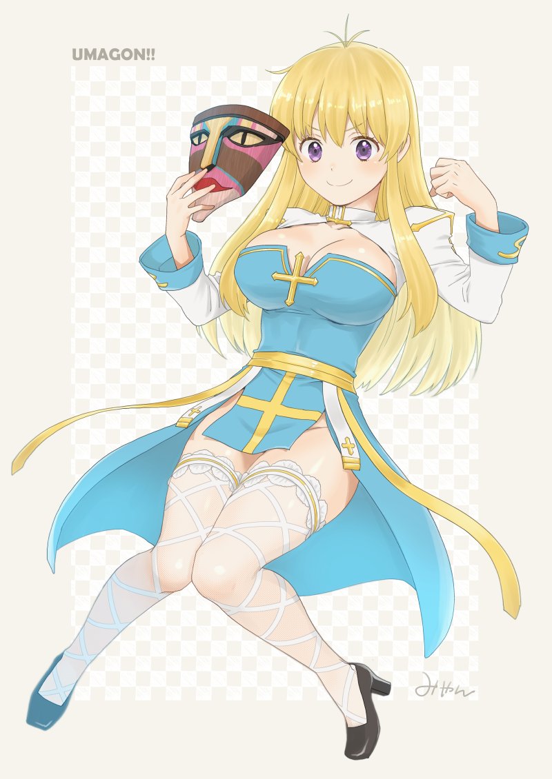 1girl, arch_bishop_(ragnarok_online), black_footwear, blonde_hair, blue_dress, blush, breasts, brown_background, checkered_background, cleavage, cleavage_cutout, closed_mouth, clothing_cutout, commentary_request, cross, dress, fishnet_thighhighs, fishnets, frilled_thighhighs, frills, full_body, high_heels, holding, holding_mask, juliet_sleeves, knees_together_feet_apart, large_breasts, long_hair, long_sleeves, looking_at_viewer, mask, miyan_(shamigame), pelvic_curtain, puffy_sleeves, purple_eyes, ragnarok_online, sash, signature, smile, solo, thighhighs, two-tone_dress, white_dress, white_thighhighs, yellow_sash