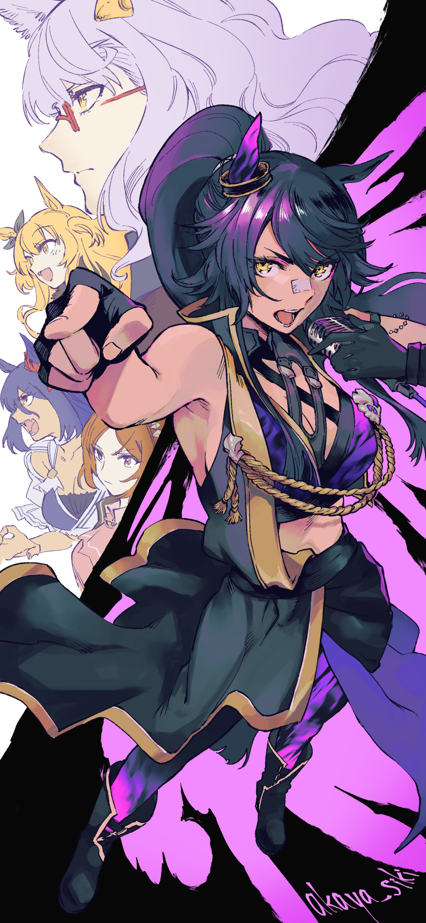 4girls, absurdres, akaya_shiki, animal_ears, asymmetrical_gloves, bandaid, bandaid_on_face, bandaid_on_nose