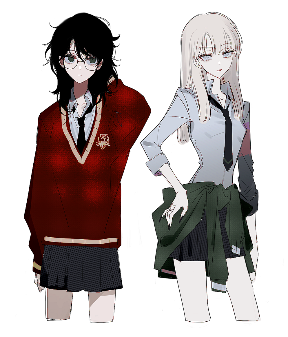 2girls, arm_behind_head, black_hair, black_skirt, blunt_ends, cardigan, cardigan_around_waist, clothes_around_waist, collarbone, cropped_legs, draco_malfoy, fingernails, genderswap, genderswap_(mtf), glasses, grey_hair, harry_potter, harry_potter_(series), jewelry, looking_at_viewer, loose_necktie, messy_hair, multiple_girls, nail_polish, necktie, open_collar, pleated_skirt, red_sweater_vest, ring, round_eyewear, scar, scar_on_face, scar_on_forehead, simple_background, skirt, sleeves_rolled_up, straight_hair, sweater_vest, uchikaze, wizarding_world