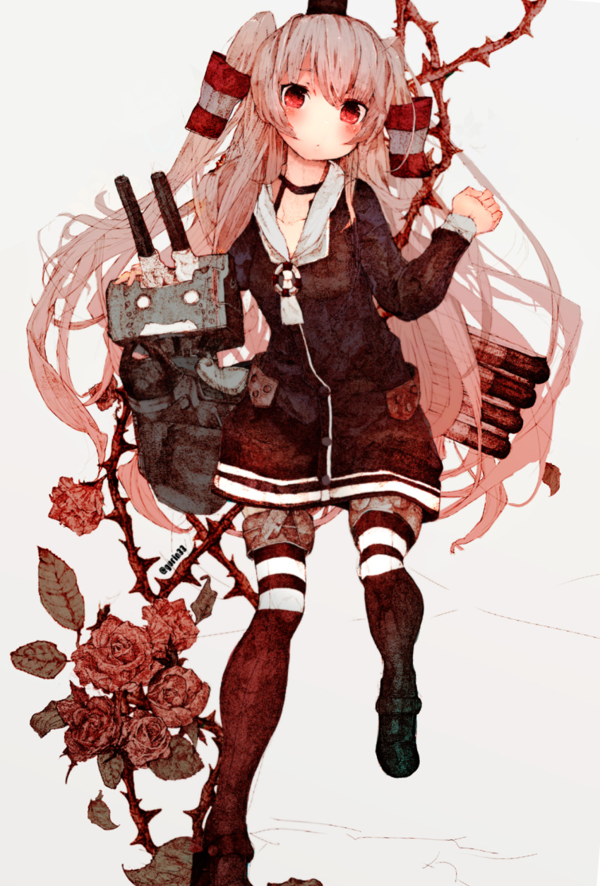 1girl, amatsukaze_(kancolle), commentary, dress, english_commentary, flower, grey_background, grey_hair