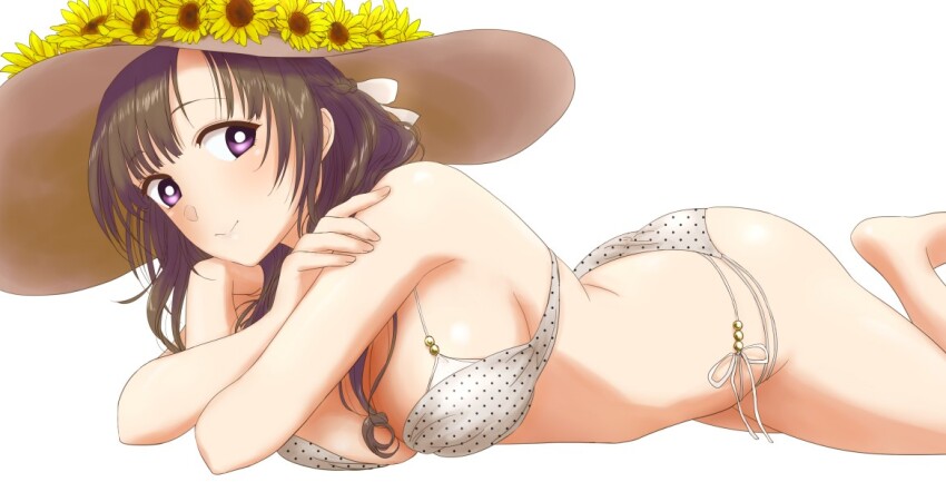 1girl, barefoot, bikini, braid, breasts, bright_pupils, brown_hair, brown_hat