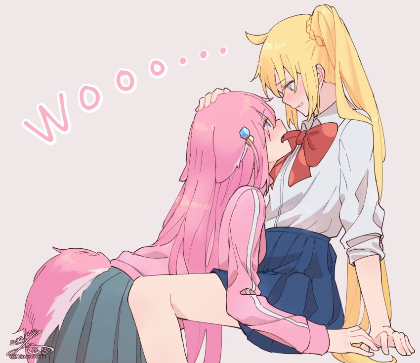 2girls, ahoge, animal_ears, blonde_hair, blue_eyes, blue_skirt, blush, bocchi_the_rock!, bow, bowtie, commentary_request, cube_hair_ornament, dog_ears, dog_tail, fang, from_side, gotoh_hitori, grey_background, hair_ornament, highres, ijichi_nijika, irisxu2624, kemonomimi_mode, long_hair, multiple_girls, parted_lips, pink_hair, pink_track_suit, pleated_skirt, red_bow, red_bowtie, red_eyes, school_uniform, shirt, side_ponytail, simple_background, sitting, skirt, tail, track_suit, white_shirt, yuri