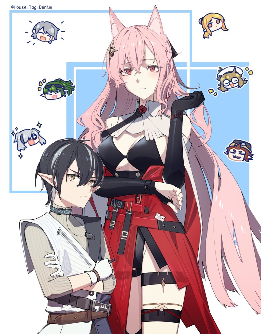 1boy, 1girl, animal_ears, arknights, gavial_(arknights), gavial_the_invincible_(arknights), highres, house_tag_denim