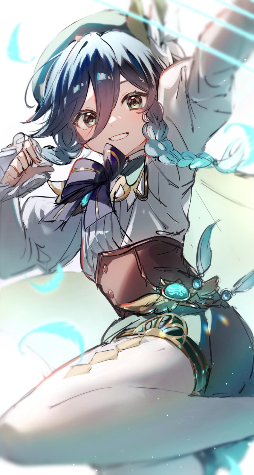1boy, aqua_hair, arm_up, black_hair, blue_hair, blush, braid, feathers