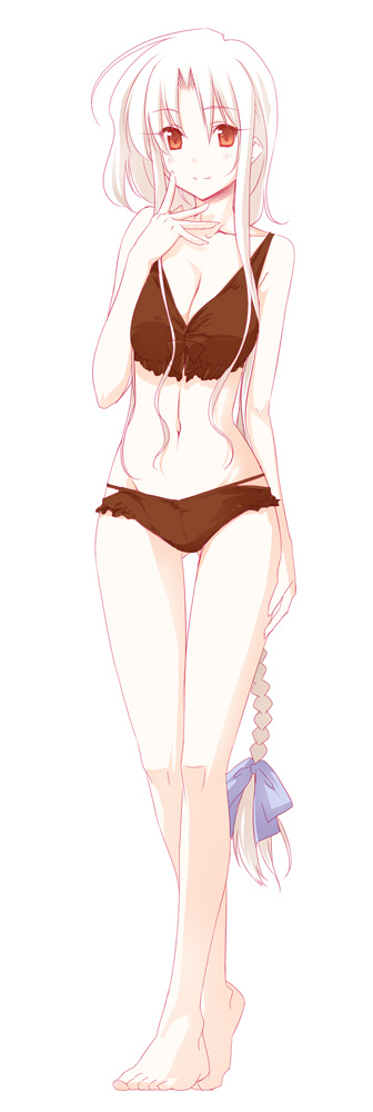 1girl, archerko_(himura_kiseki), barefoot, bow, braid, fate/stay_night, fate_(series), feet, female_focus, full_body, groin, hair_bow, himura_kiseki, lingerie, long_hair, long_image, looking_at_viewer, navel, red_eyes, silver_hair, simple_background, single_braid, smile, solo, standing, tall_image, underwear, very_long_hair, white_background