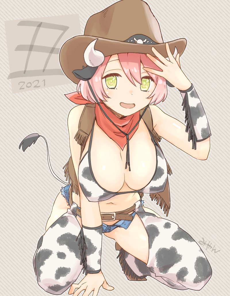 1girl, 2021, animal_ears, animal_print, arm_warmers, bandana, belt, bikini, bikini_top_only, blue_shorts, blush, breasts, brown_belt, brown_vest, chaps, chinese_zodiac, cleavage, commentary_request, cow_ears, cow_horns, cow_print, cowboy_hat, cowboy_western, fringe_trim, full_body, grey_background, hair_between_eyes, hat, horns, large_breasts, looking_at_viewer, miyan_(shamigame), open_clothes, open_mouth, open_vest, original, pink_hair, red_bandana, short_hair, short_shorts, shorts, smile, solo, squatting, swimsuit, vest, year_of_the_ox, yellow_eyes