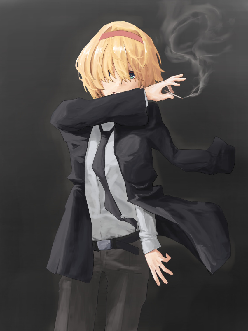 1girl, alice_margatroid, belt, black_belt, black_jacket, black_necktie, blazer, cigarette, commentary_request, cookie_(touhou), cowboy_shot, flat_chest, green_eyes, grey_background, grey_pants, grin, hair_between_eyes, hair_over_eyes, hairband, highres, holding, holding_cigarette, jacket, jacket_on_shoulders, jigen_(cookie), long_necktie, long_sleeves, looking_at_viewer, necktie, pants, red_hairband, shirt, short_hair, smile, smoke, solo, touhou, white_shirt, whiterolo