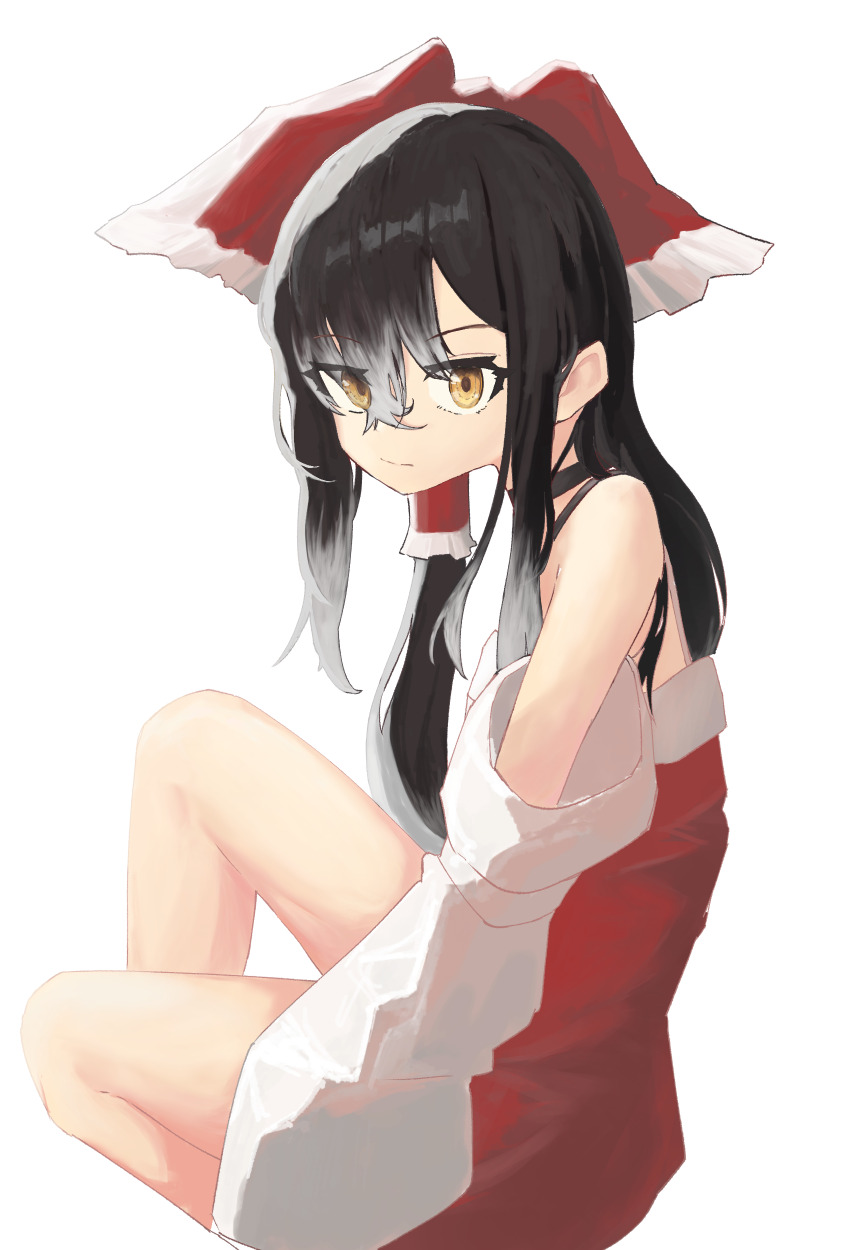 1girl, absurdres, black_hair, bow, closed_mouth, commentary_request, cookie_(touhou), detached_sleeves