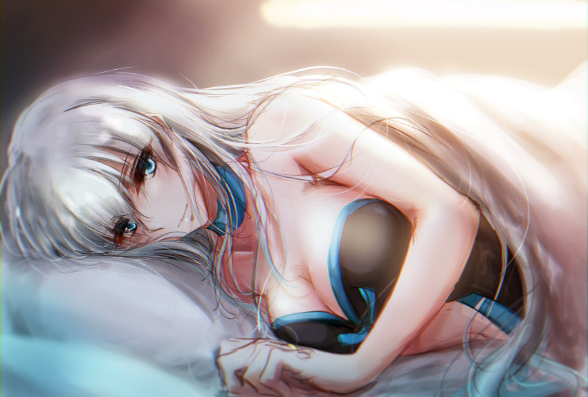 bare_shoulders, bed, blue_choker, blue_eyes, blush, breasts, choker, cleavage, closed_mouth, collarbone, commentary_request, fate/grand_order, fate_(series), grey_hair, hair_between_eyes, highres, large_breasts, light_smile, long_hair, looking_at_viewer, lying, morgan_le_fay_(fate), morgan_le_fay_(second_ascension)_(fate), navel, on_side, pillow, ringozuki, solo, very_long_hair