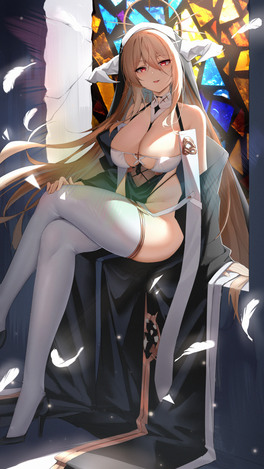 1girl, :p, absurdres, azur_lane, bare_shoulders, between_breasts, black_dress, black_footwear